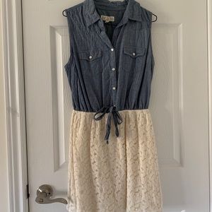 Pink Rose - faux denim, collared lace dress